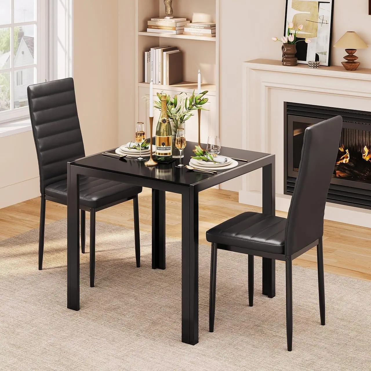 GIZOON 3 Piece Glass Dining Table Set, Kitchen Table and Chairs Set for 2 | PU Leather Modern Room Sets,Small Dining Table Sets,Space Saving Table and Chairs Set for Home, Kitchen, Living Room,Black