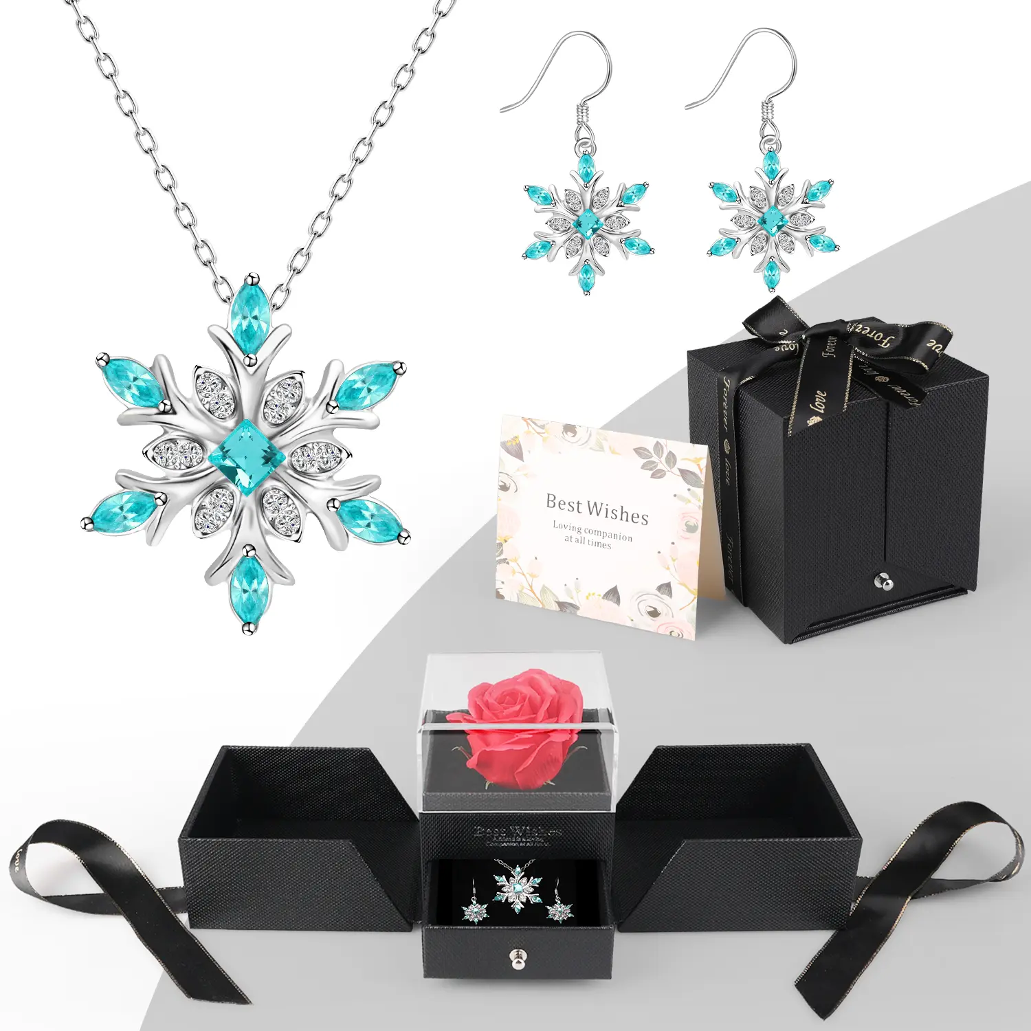 Blue Crystal Snowflake Jewelry Set, Silver-Tone Necklace & Earrings Perfect for Mother’s Day, Valentine’s Day, Christmas, and Birthday Gifts