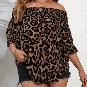 Women's plus size leopard print shirt, elegant off shoulder ruffled sleeves spring shirt, women's plus size top