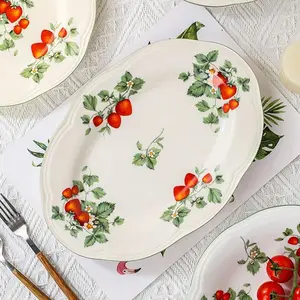 Vintage Creative Wild Strawberry Berry Bowls, Western Dinner Plates Set, Home Noodle Bowl Fish Plate Deep Ceramic Tableware, Ceramic Dinnerware Set
