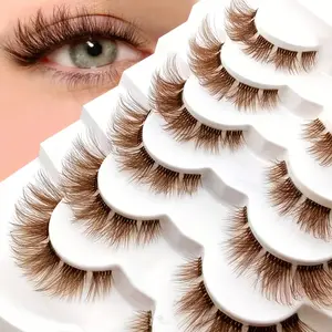 6-pack brown false eyelashes, transparent stem cat eye appearance design false eyelashes, eye tail extension false eyelashes, cat eyes, brown, transparent stem, fluffy, natural, crossed, curled, thick, comfortable and versatile