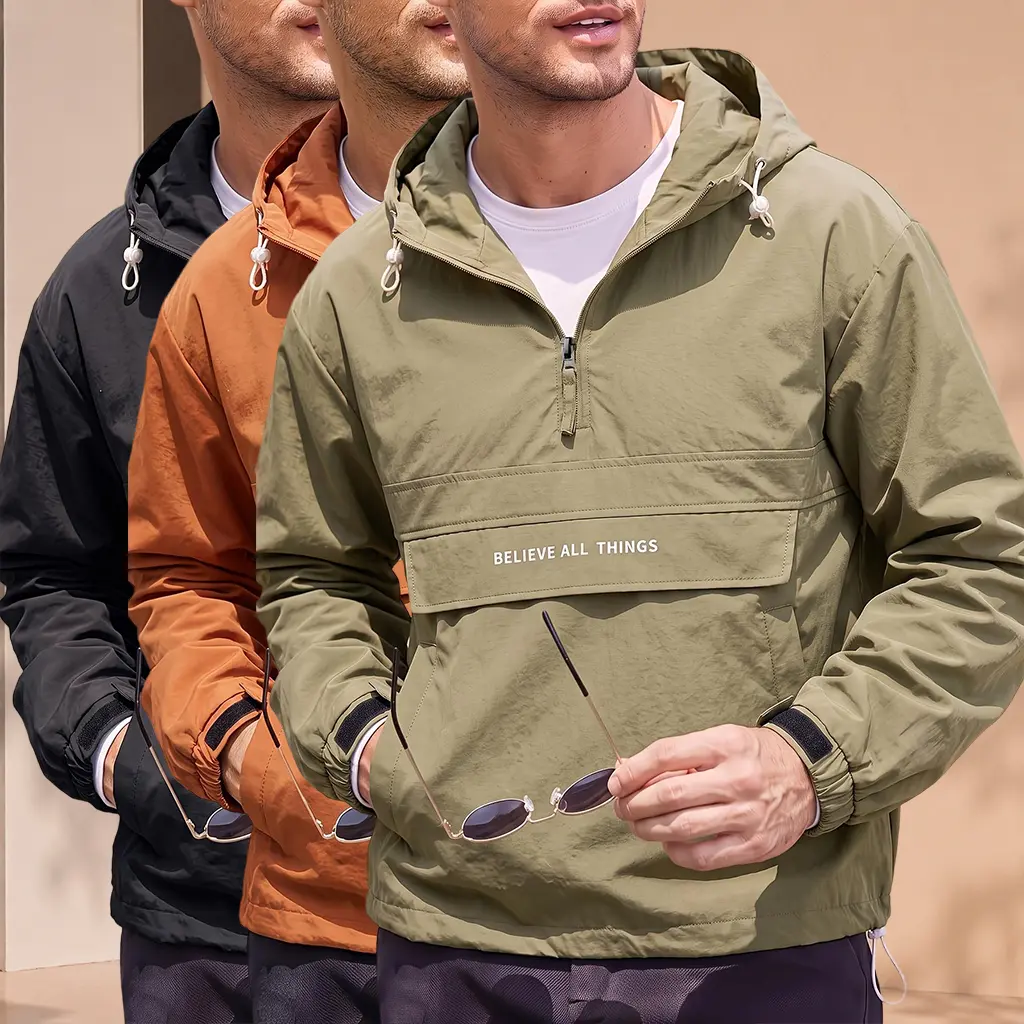 Men’s Hooded Half-Zip Sweatshirt - Spring/Fall American Outdoor Functional Style, Adjustable Drawstring Hood, Velcro Cuffs, Large Patch Pocket, Letter Print, Loose Fit, Windproof Versatile Casual Pullover for Commuting, Sweatshirts, Tops