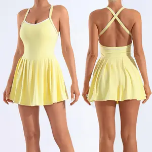 Yoga one-piece dress with chest cushion, color-blocked pleated dress, high-elasticity quick-drying, anti-exposure golf and tennis dress