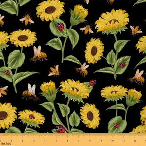 Sunflower Fabric By The Yard,Floral Print Upholstery Fabric,3 Yards,Yellow Flowers Pattern Fabric,Cute Bee Print Botanical Reupholstery Fabric