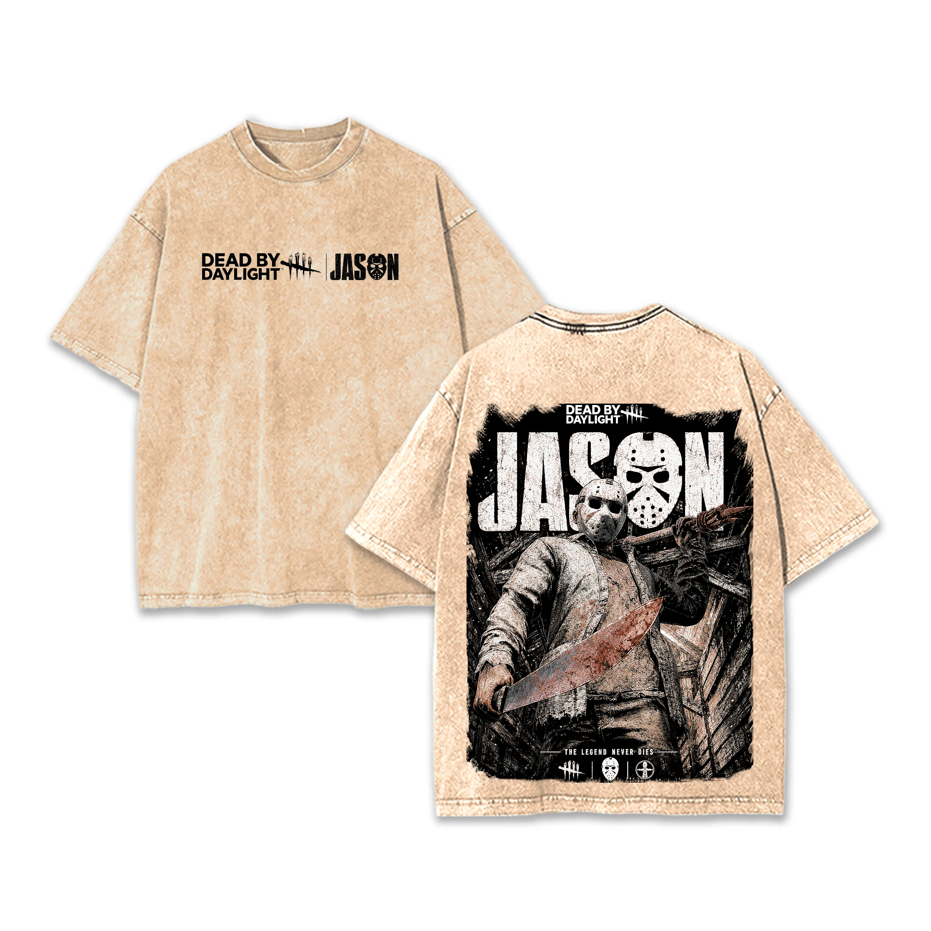 Men's Dead By Daylight Jason Horror Graphic T-Shirt - Unisex Vintage Acid Wash Heavy Cotton Short-Sleeve Top, Loose Fit Fabric, Movie Lover Halloween Game Merch Gift