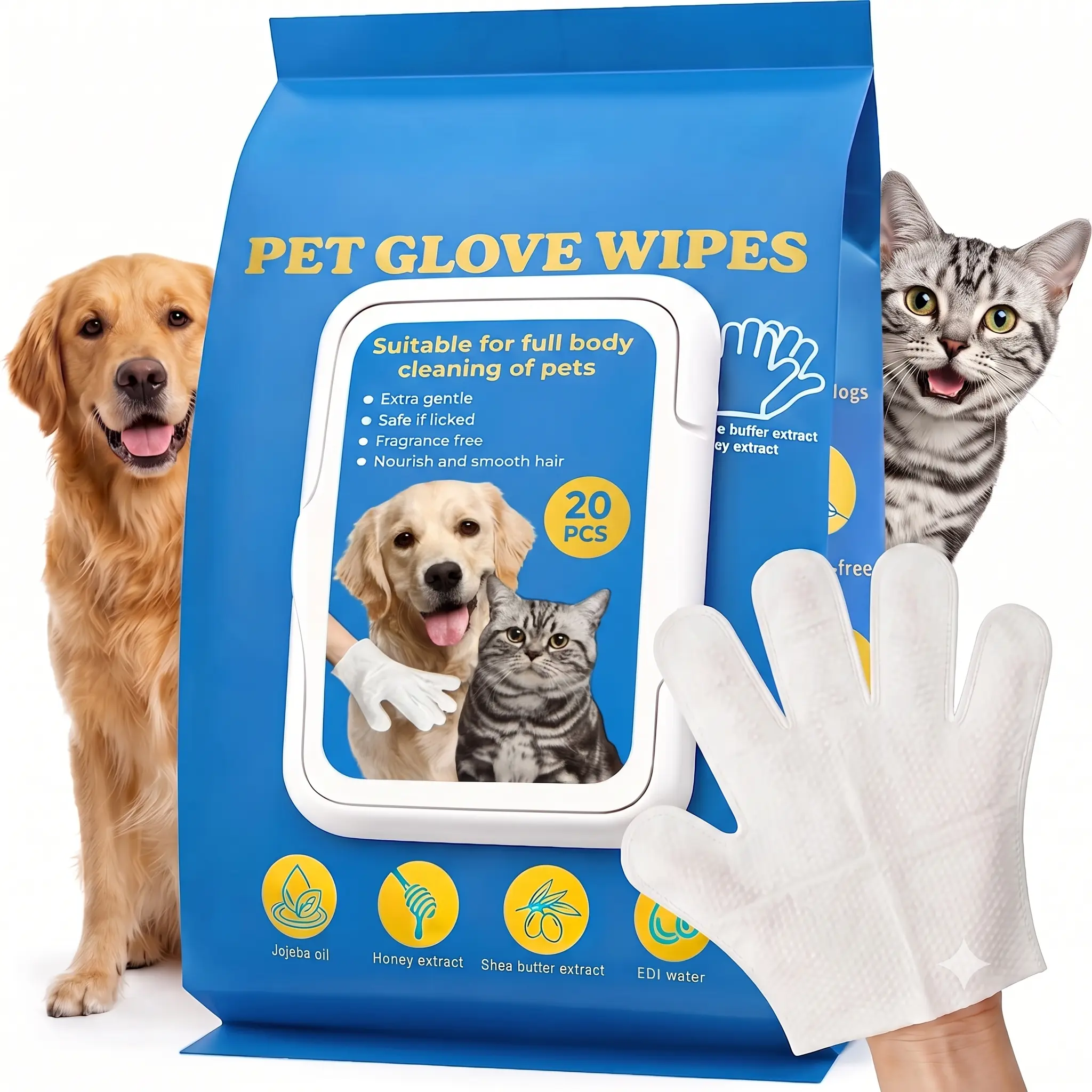 20 Pack Pet Grooming Gloves for Cats & Dogs - Compact, Travel-Friendly No-Rinse Formula Wipes for Shedding, Fur Removal, Gentle Daily Care of Paws, Coat & Body, Sensitive Skin Safe, Moisturizing & Deodorizing