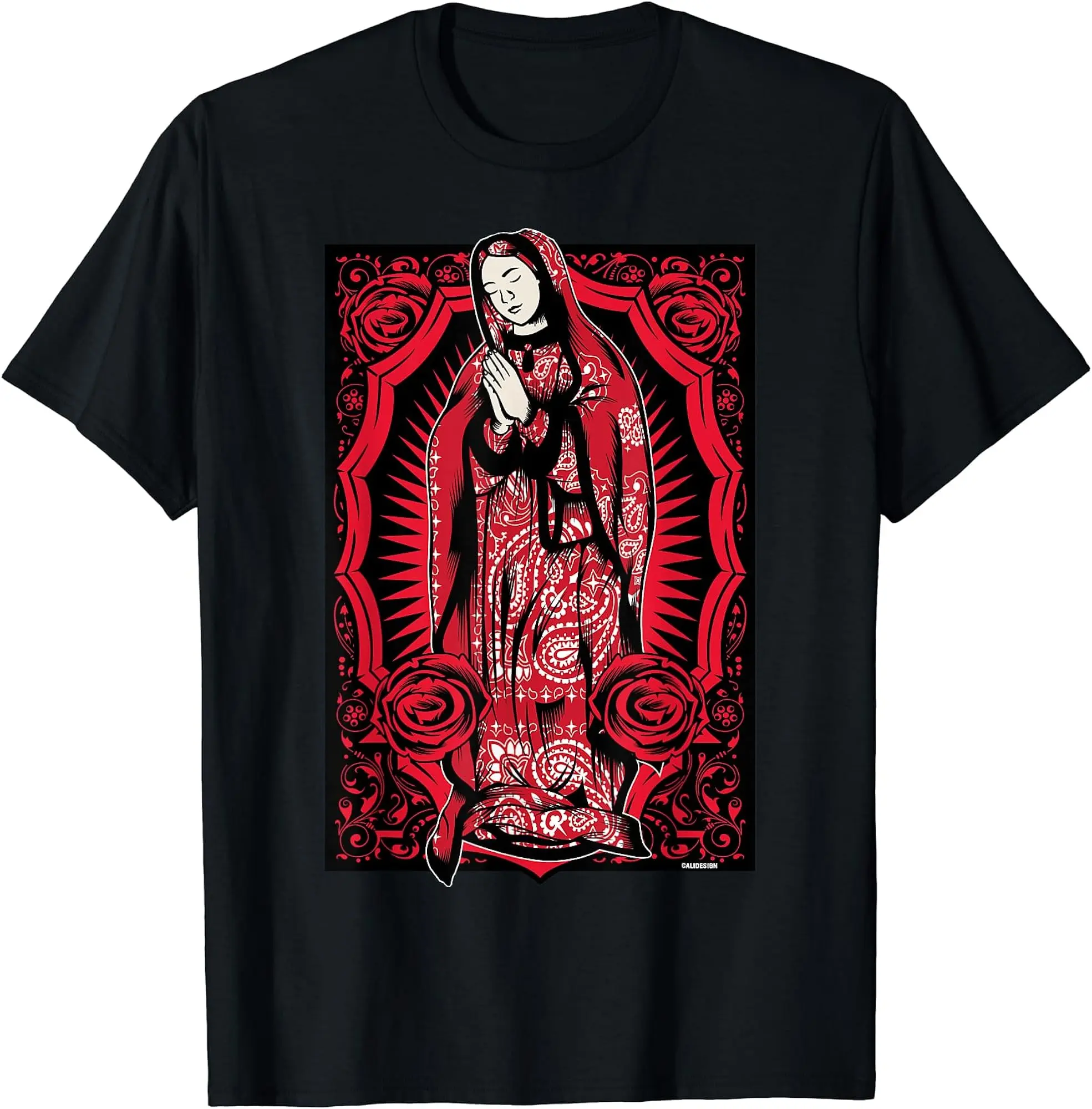 Virgin Mary Mexican Blanket Art Red Bandana Print Chicano T-Shirt, Chicanos clothing Cotton Fabric Menswear