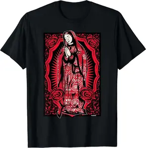 Virgin Mary Mexican Blanket Art Red Bandana Print Chicano T-Shirt, Chicanos clothing Cotton Fabric Menswear