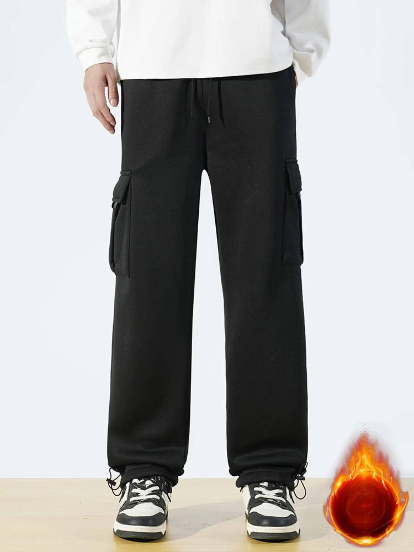 Men’s autumn/winter fleece-lined cargo pants with drawstring elastic waistband, thick and warm, loose straight-leg streetwear casual long pants
