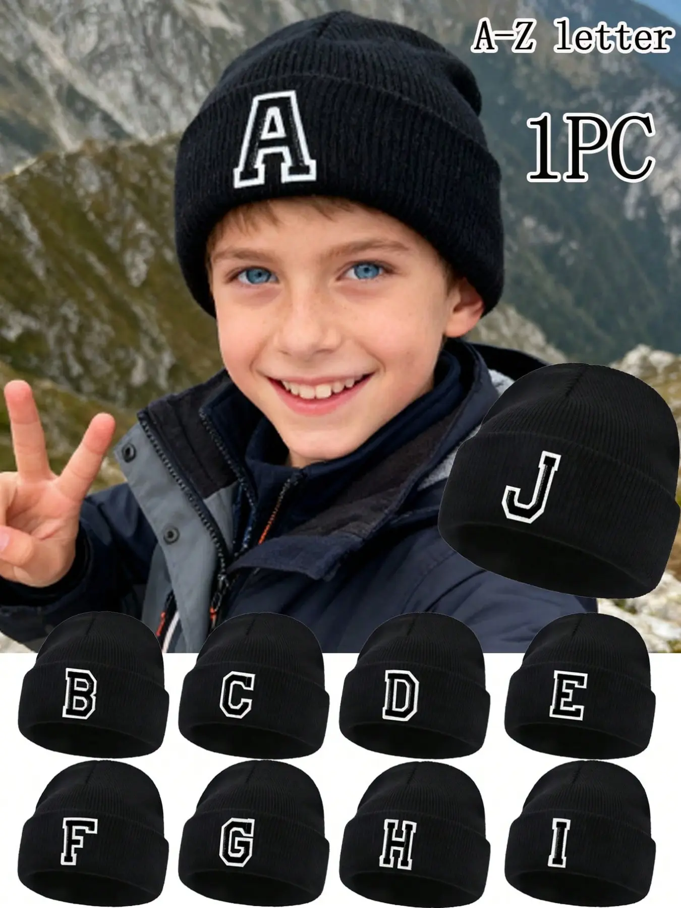 A knitted hat for children aged 8-12, featuring 26 letter patterns, a solid-color knitted hat, a warm outdoor hat for boys and girls, suitable for autumn and winter seasons.