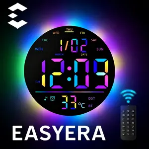 EASYERA 10" Large Round Digital Wall Clock with Remote Control, Music Sync, Circle clock with RGB Atmosphere Lights with 11 Scenes Mode, Dual Alarms with Big LED Display, Timer Clock for ADHD, Focus Tool, Classroom, Game Decor Home, Auto Dst Adjustment
