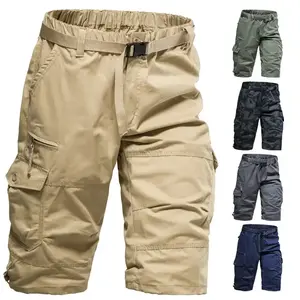 Men's Cargo Shorts 3/4 Relaxed Fit Mens Running Shorts 7 Pockets Elastic Waist Cotton Hiking Shorts