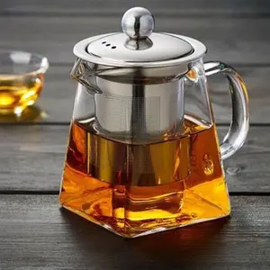 Kitchen Accessories Glass Jug 1 Count Stainless Steel Filter Infusion Tea Kettle with Removable Infuser Square Glass Tea Set for Office Home Perfect Gift for Summer Modern Kitchen Gadgets Anti Scalding Handle Heat Resistant Glass