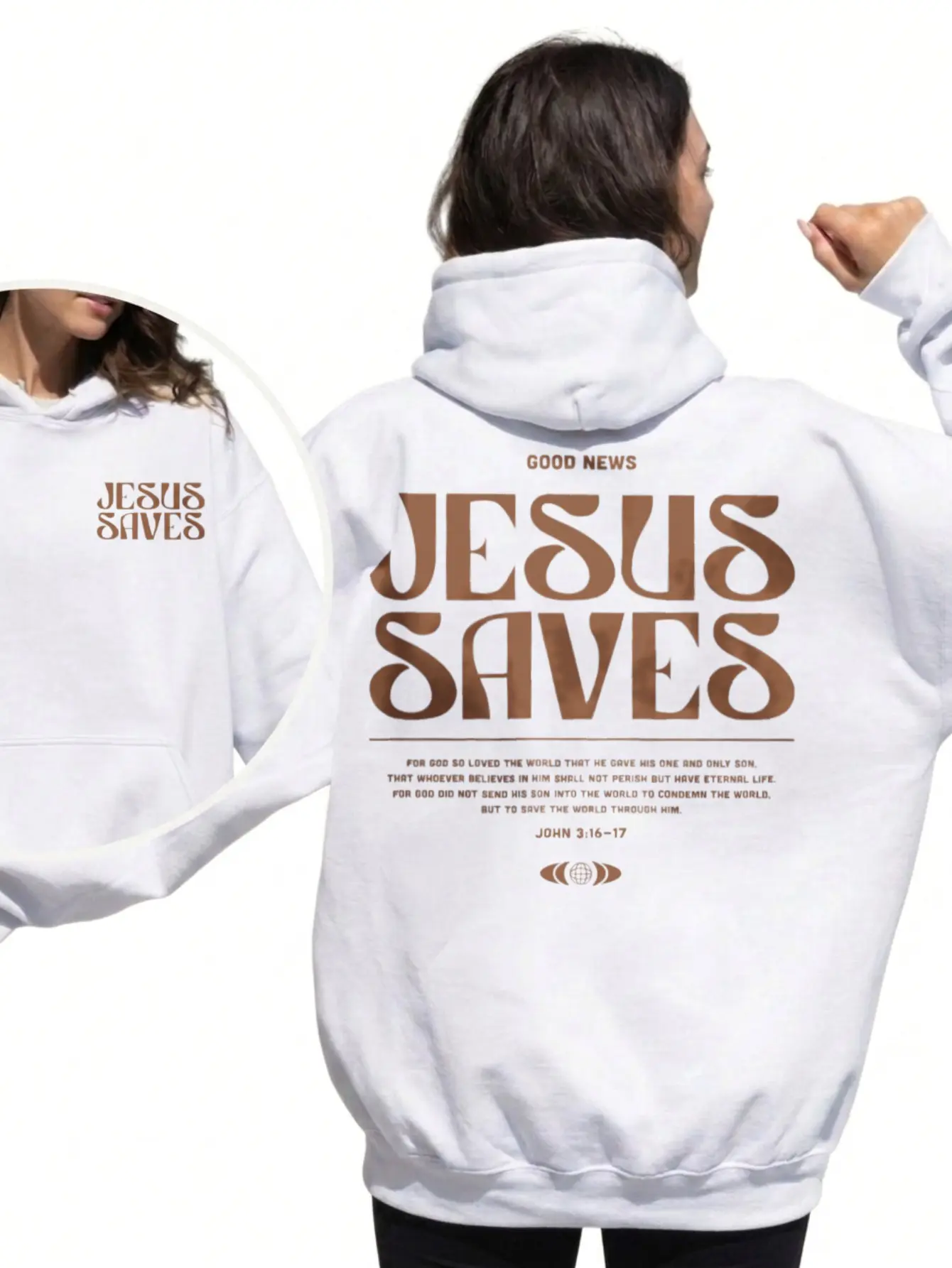 Jesus Saves John 3 16 Oversized Hoodie Women Front Back Graphic Christian Sweatshirt Retro Brown Lettering Faith Based Streetwear Trendy Aesthetic White Loose Fit Pullover Hooded Tops Casual Cozy Autumn Winter Clothes Gift