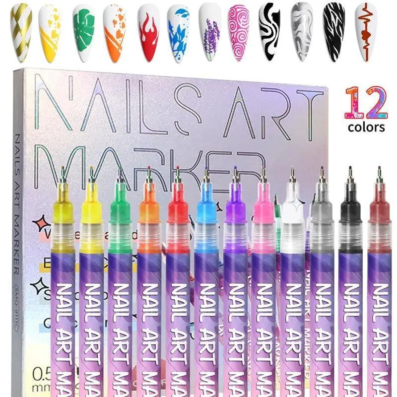 Nail Art Marker - 12 Color Quick Dry Acrylic Painting Pen for DIY Nail Art & 3D Dot Embroidery - Water-Based, Easy to Color, Solid Color, 0.5mm Tip - Perfect for Home & Salon Use