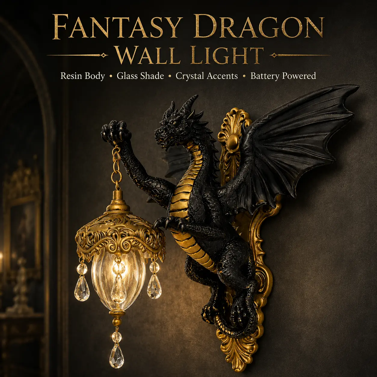 Decorative Dragon Wall Lamp, Gothic Vintage Wireless Night Light with Warm Glow Crystal Drops, Resin Sculpture for Bedroom Hallway Home Decor