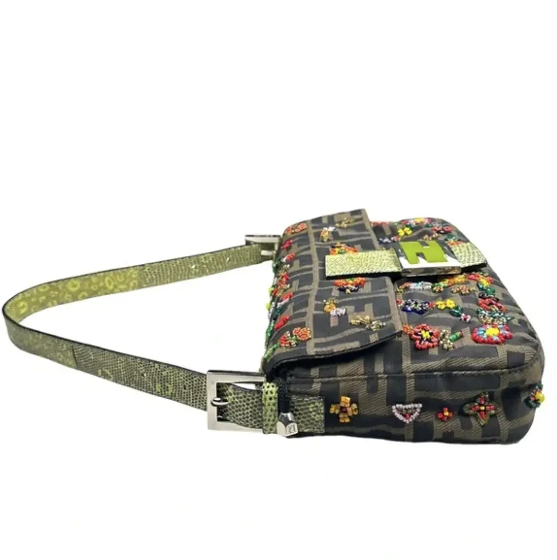 Pre-owned FENDI Lizard Canvas Shoulder Bags Zucca Baguette Lime
