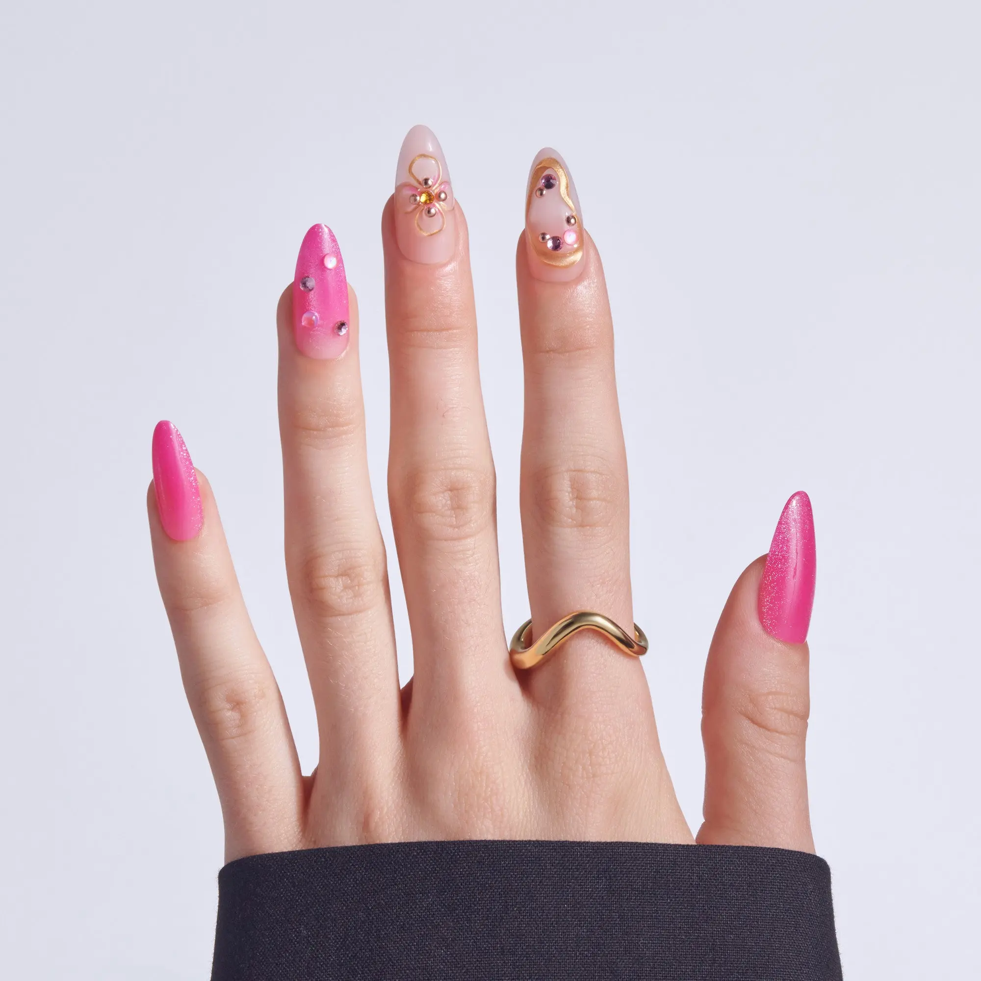 Kiss Luxe Press On Fake Glue Nails - Aurelia Meadow | 3D & Jewel Design, Pink, Long, Almond