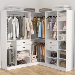 71''-110'' Freestanding Corner Closet System with Wooden Drawers and Hanging Rod,Reversible Walk-in Closet Organizer Wardrobe Set with Storage Shelves