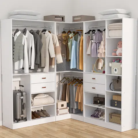 71"-110" Stable Freestanding Corner Wardrobe Closet Armoire Set - Wooden Drawers, Hanging Rod, Reversible Walk-In Design, Storage Shelves, Anti-Fall Gasket for Corner Closet System Organization Ideas & Setup Inspo
