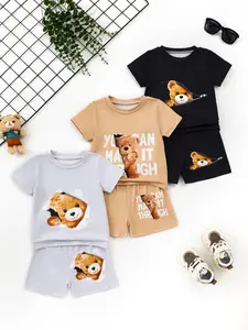 6-Piece Baby Boy Summer Casual Set, Bear Print Round Neck Short Sleeve T-Shirt and Shorts, Soft Comfortable Cool Fabric, Daily Wear
