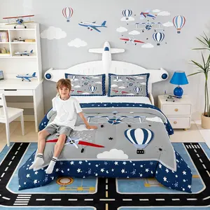 Airplane Bedding Set,Kids Boys Bedroom Decor,Cartoon Aircraft Comforter Set,Teens Quilts Hot Air Balloon Cloud Starry Moon Bedding Chic Grey Navy