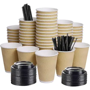 Disposable Paper Coffee Cups with Lids, 100 pack 12 oz Ripple Wall Insulated To Go Coffee Cups for Hot/Cold Beverage, Recyclable Takeaway Drinking Cups For Home,Office,Cafe,Party