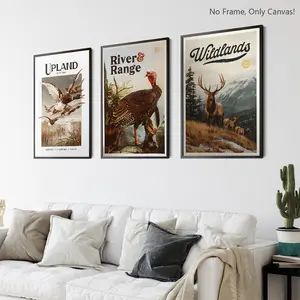 3-Piece Set Country Style Highland Hunting River Mountain Wild Animal Canvas Print Wall Decor, Perfect Gift for Living Room Bedroom Sofa