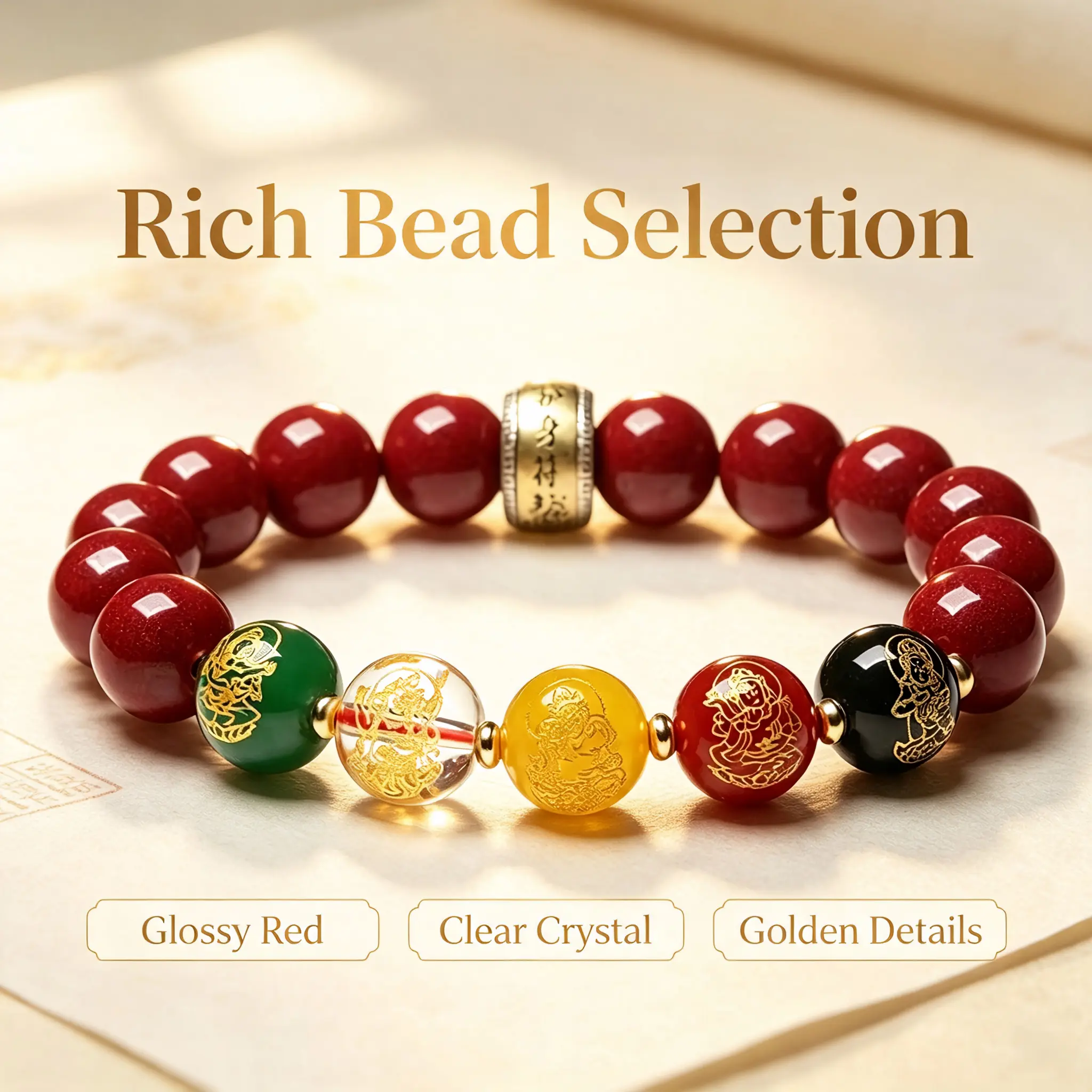 Glossy Red Round Stone Bead Bracelet Decorated with Carved Multicolor Stone Beads, Traditional Oriental Stone Craft Collectible Ornament, Elastic Hand String for Daily Wear