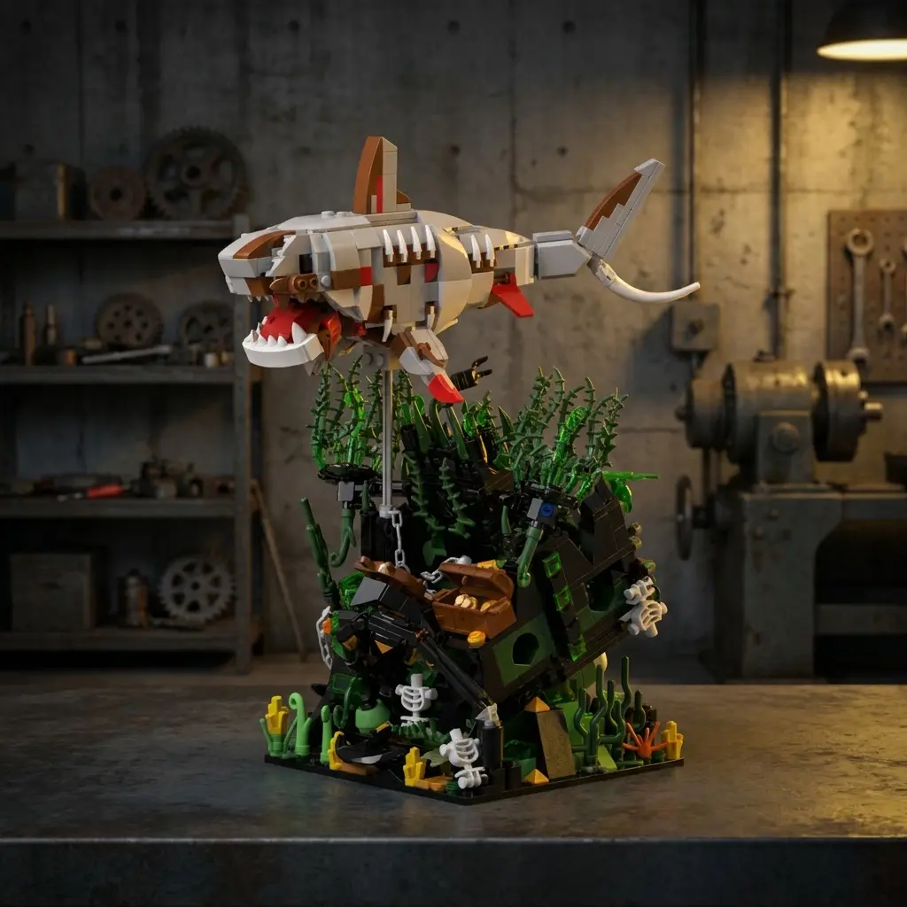 Create Your Own Underwater World: Skeleton Shark & Sunken Ship Building Set, 1014+ Pieces — Ultra-Realistic Skeleton Shark + Sunken Ship Scene for Assembling and Displaying—Two Ways to Enjoy!