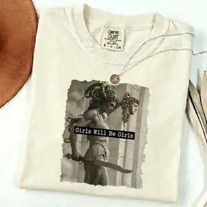 Mythology Inspired Comfort Colors T-Shirt, "Girls Will Be Girls" with a Powerful Medusa like Figure, Blending Ancient Legends and Modern Attitude, Unisex Fit Comfort Colors T-Shirt Shirts Women Casual Cotton Womenswear Country Concert Outfits