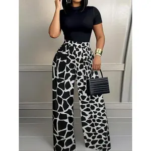 Women’s Two-Piece Set – Giraffe Print Crop Tee & Wide-Leg Pants, Casual Crew Neck Short-Sleeve T-Shirt & High-Waist Trousers for Everyday Wear, Ladies Summer Clothing, Sets