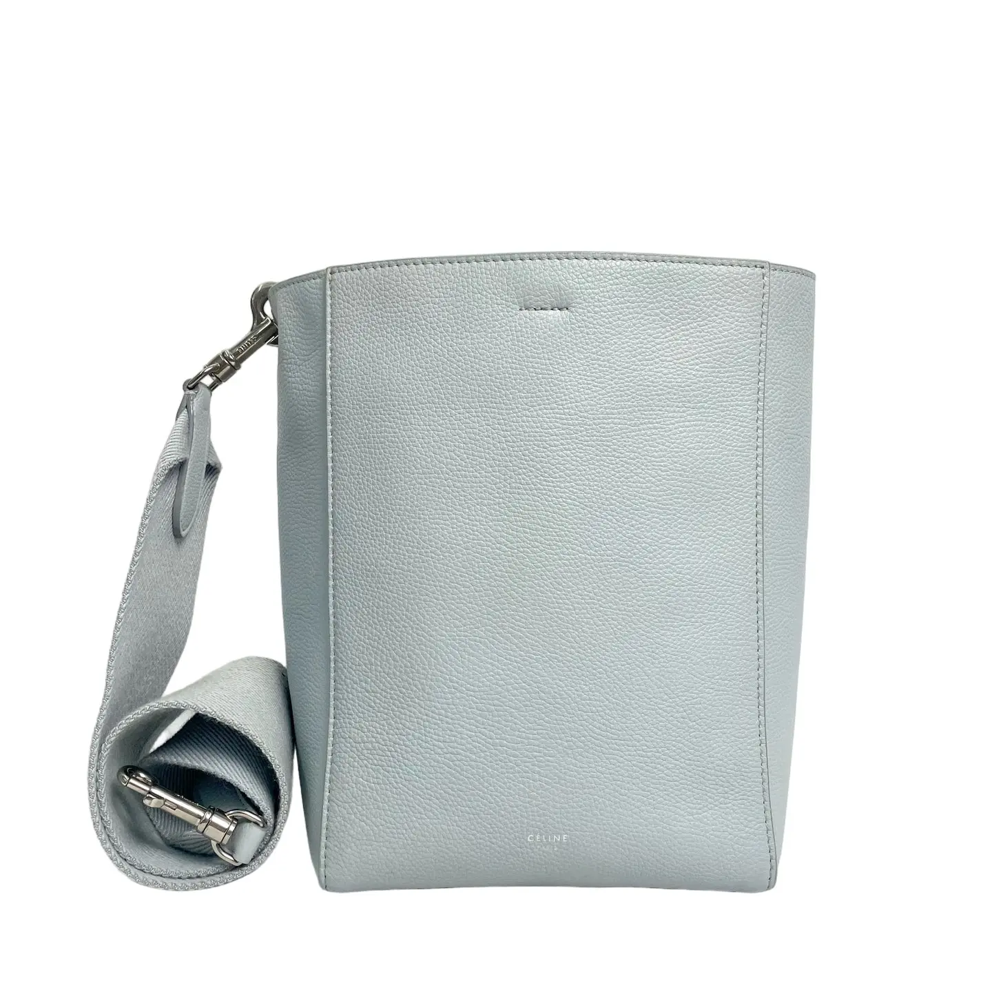 Pre-owned leather crossbody bag CELINE Sangle Small Bucket Bag in Pebbled Light Grey