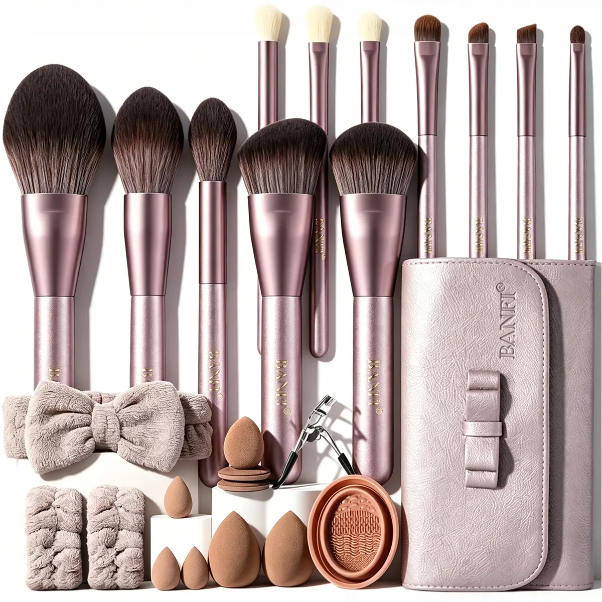 Mauve Purple All-In-One Makeup Tools Set Cosmetic Brushes Beauty Sponges Powder Puffs Plush Hairband Wristbands Eyelash Curler Silicone Cleaner Bowl Bow Decor Brush Storage Bag for Daily Travel