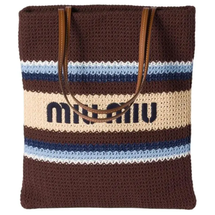 Women's MIU MIU Cotton Blend Tote & Shoulder Bag - Hand-Stitched Raffia Embroidery, Logo Detail, Shoulder Straps - Cocoa, Light Blue, Natural Colors