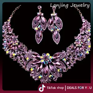 Lanjing Jewelry Luxury High-Shine Diamond Floral Colored Necklace and Earring Set Bridal Wedding Jewelry Two-Piece Set Banquet Accessories Gifts for Women and Girlfriends
