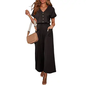 Dokotoo Jumpsuit for Womens Dressy Casual 2026 Short Sleeve One Piece V Neck Pockets Outfits