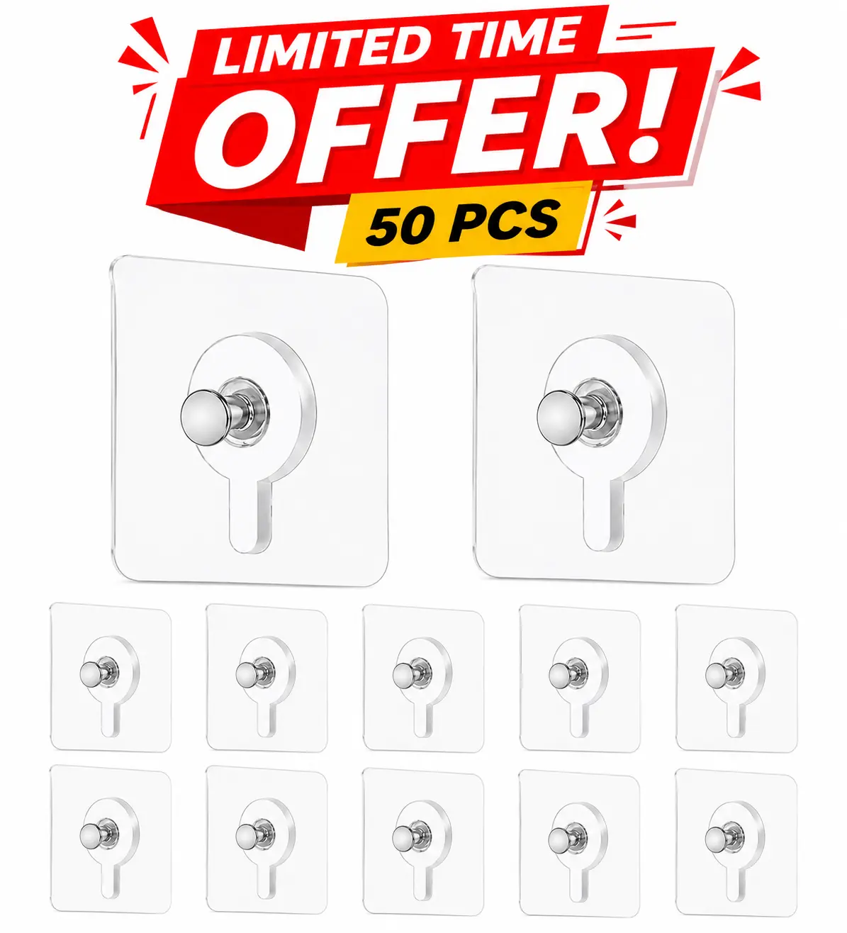 Adhesive Wall Hooks 10, 20, 30, 40, 50 Packs, No Drill Heavy Duty Screw Hooks, Seamless Clear Hooks for Kitchen Bathroom Bedroom, Waterproof, Damage Free Heavy Duty Hooks for Towels Keys Coats