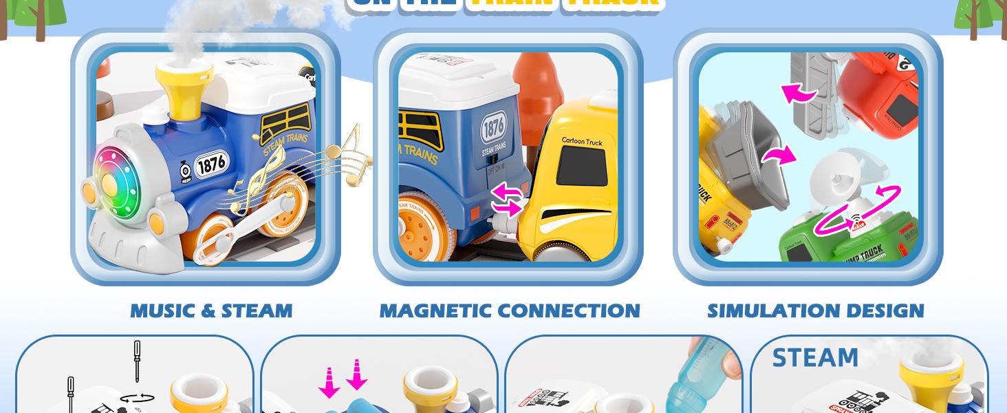 MORECOLL Train Set for Toddlers w/Steam, Music & Lights - First Choo Choo Train for Toddlers, Electric Train Set for Kids, Magnetic Train Toys, Christmas Birthday Gifts for Boys Girls