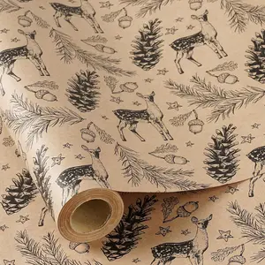 Christmas Wrapping Large Paper Roll,  Roll,  Black Forest Reindeer and Pinecone Design, Rustic Woodland  Wrap for Friends, Christmas, Holiday, 30 Inches x 32.8