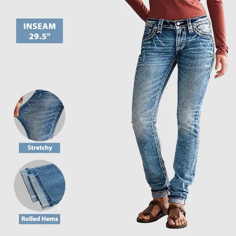 Flamingals Wash Ripped Roll Hem Low Waist Straight Leg Jeans Stretchy 29.5'' Inseam