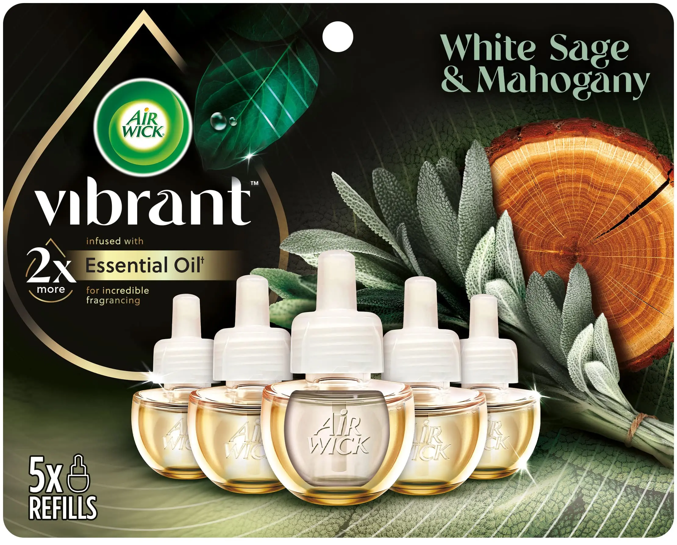 Air Wick Plug-in Scented Oil Refill, 5ct White Sage & Mahogany Home Fragrance with Luxurious, Long-Lasting, Nature-Inspired Essential Oils for Enhanced Home Ambiance