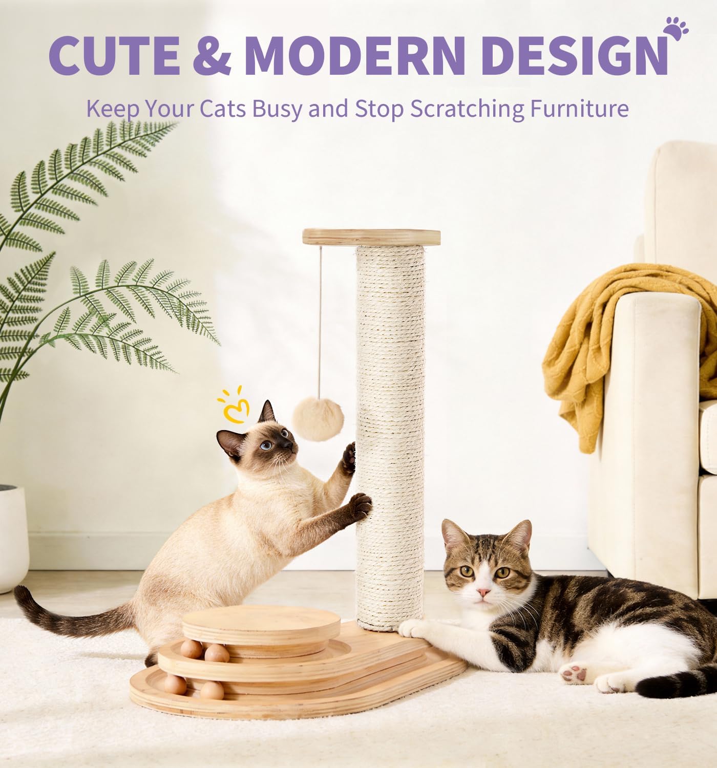Petlovers Summervibes Wooden Cat Scratching Post with Track Ball Toy, Sisal Cat Climbing Tree for Indoor Cats, Interactive Kitten Scratcher Tower with Hanging Pom-Pom Ball, Cat Activity Center for Kitten Play & Exercise