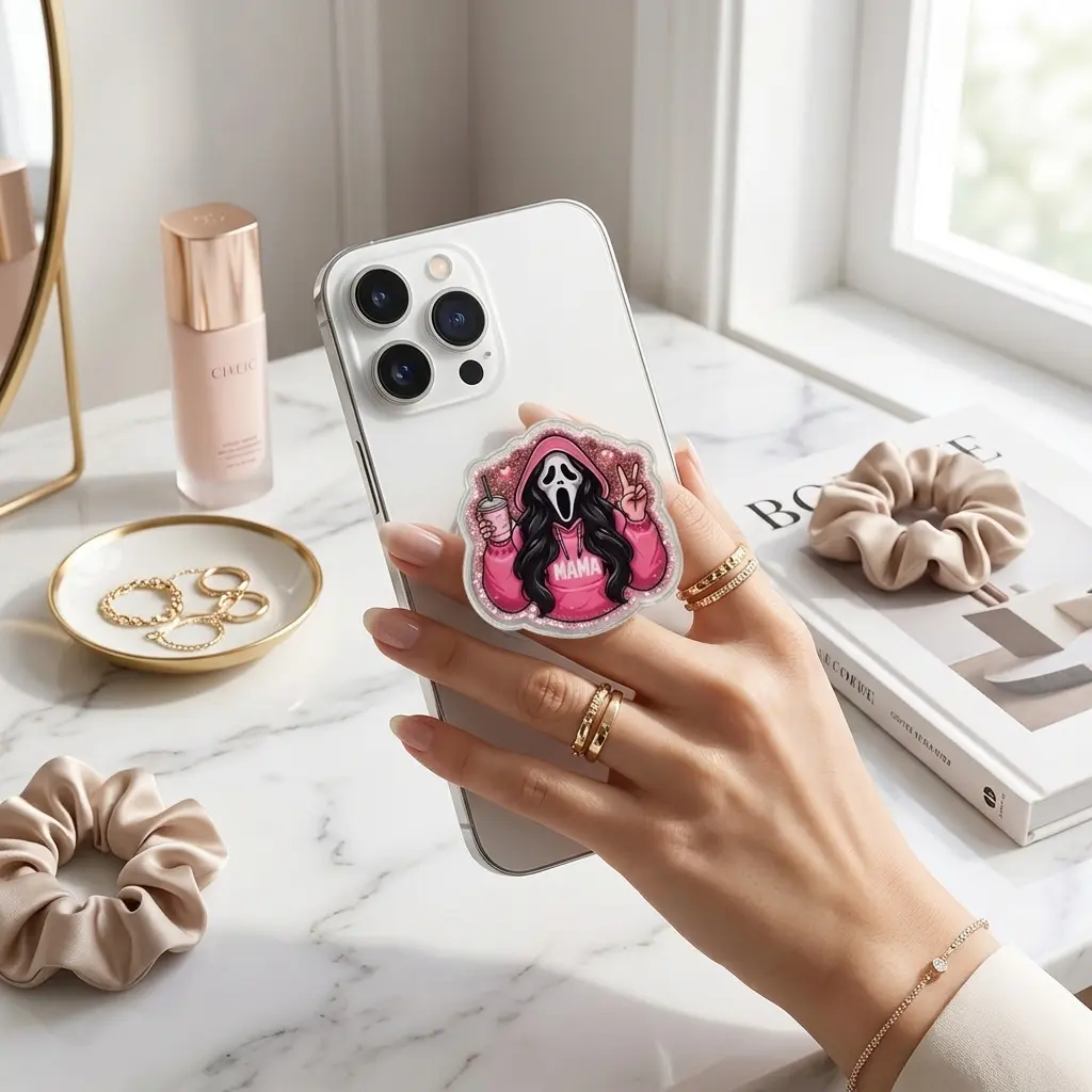 Coquette Ghost Mama Phone Grip, Cute Spooky Pink Aesthetic Mobile Stand, Magnetic Phone Holder, Halloween Funny Mom Gift For Her