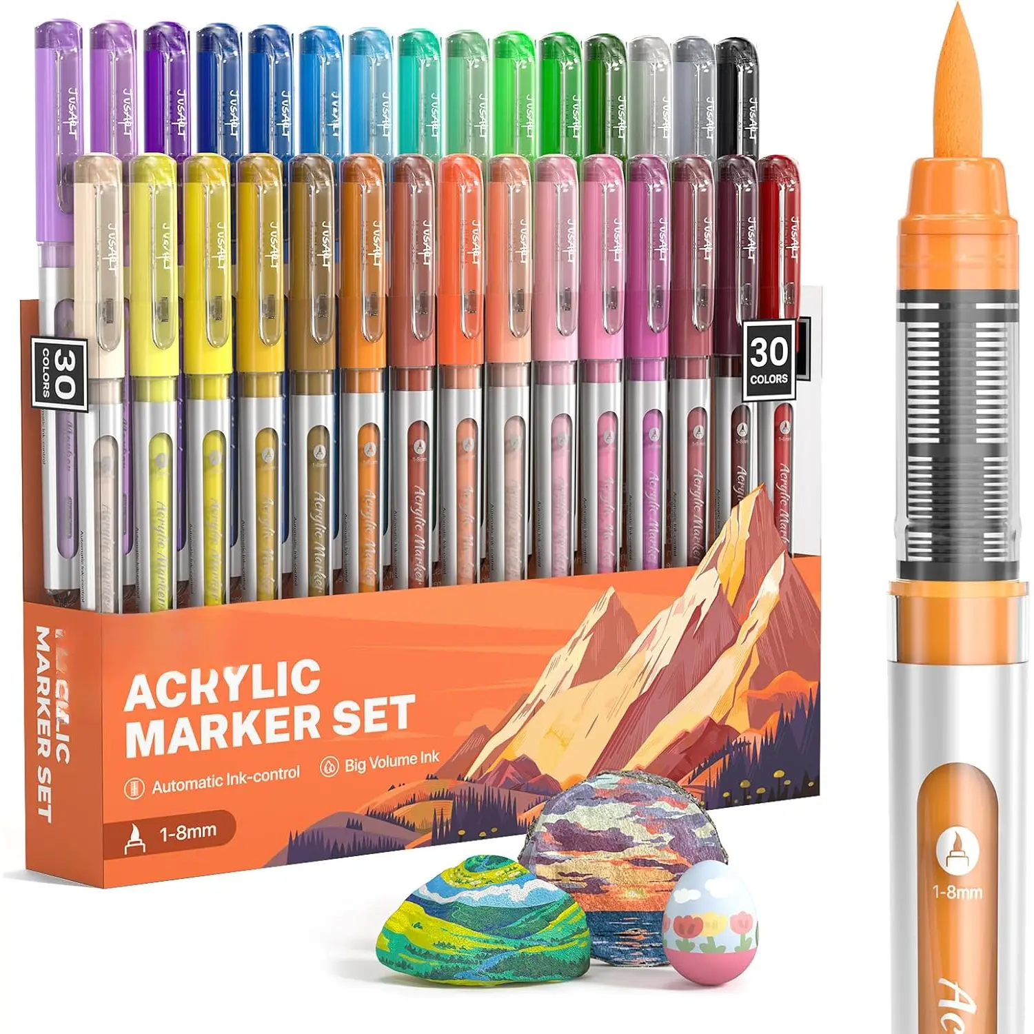 Markers Brush Tip 30 Colors, Water-Based No-Bleed Markers with Automatic Ink Control System,    Pens for Rock, Egg, , Fabric, Glass, DIY Crafts