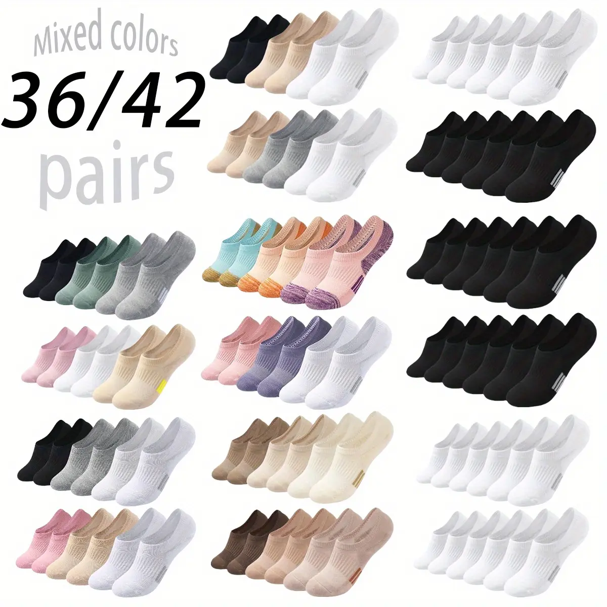 36 Pairs Unisex No Show Socks, Low-Cut Fitted Elastic Liner Socks in Mixed Colors, Breathable Mesh for Daily & Casual Wear, Fitted Elastic No Show & Liner Socks