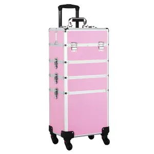 Professional Makeup Train Case 4 in 1 Rolling Cosmetic Trolley Makeup Case Organizer Makeup Travel Case, with 4 Detachable Removable Wheels, Pink