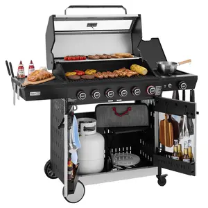 Royal Gourmet GE6001S 6-Burner Gas Grill, with Side Burner, 72,000 BTU, 691 Sq,Side Shelf with Knife Rack & Basket, Electronic Ignition, Hanging Basket,for Outdoor Grilling and Backyard Cooking, Silver & Black