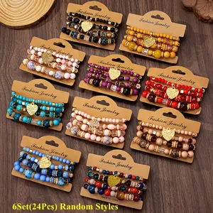 24 Pieces Mix Bohemian Retro-style Multi-layered Beaded Bracelets with Heart-shaped Charms, Suitable for Men and Women, is the Perfect Choice for Valentine's Day gifts and daily wear