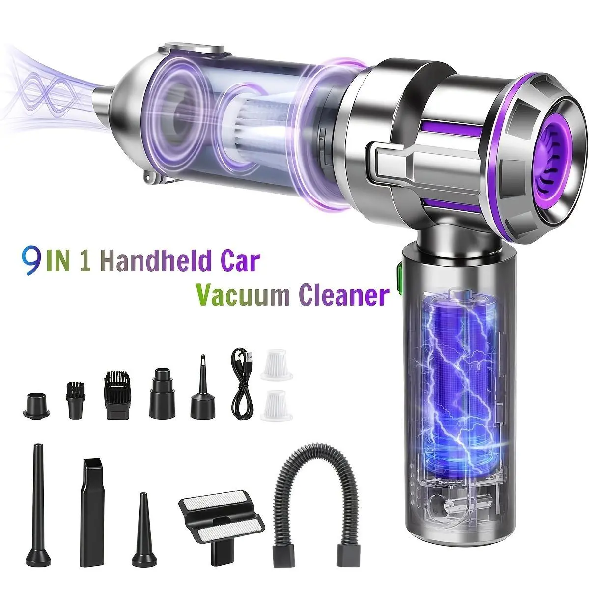 25000PA High Power 9in 1Wireless Handheld Car Vacuum Cleaner, Integrated Blowing And Suction with Includes Multiple Attachments, Rechargeable Brushless Motor with Washable Filters, Low Noise, Suitable for Cars And Homes, Pet, Office